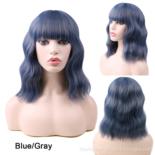 Wholesale Machine Made Water Wave Pink Wig With Bangs Cheap Cosplay Pixie Curls Short Bob Synthetic Hair Wigs With Highlights